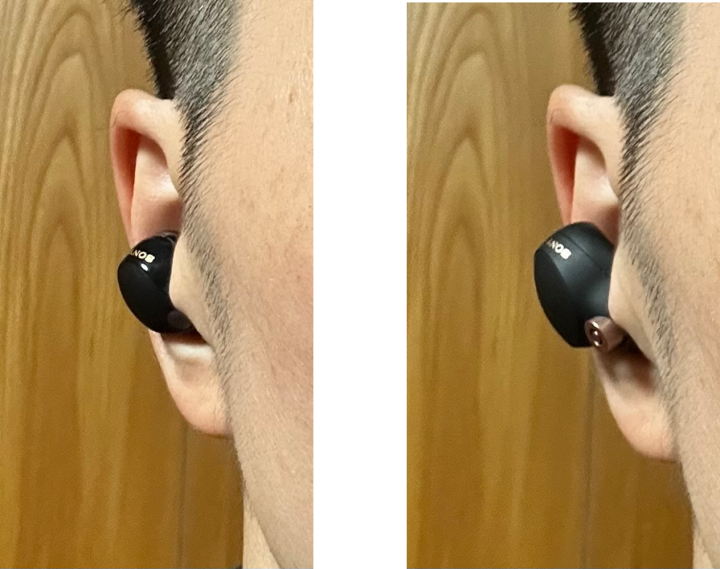 WF-1000XM4(左)と WF-1000XM5(右)を耳に装着した横からの比較写真。「M5」は軽量化により耳への突出が少なく、装着感が向上している。