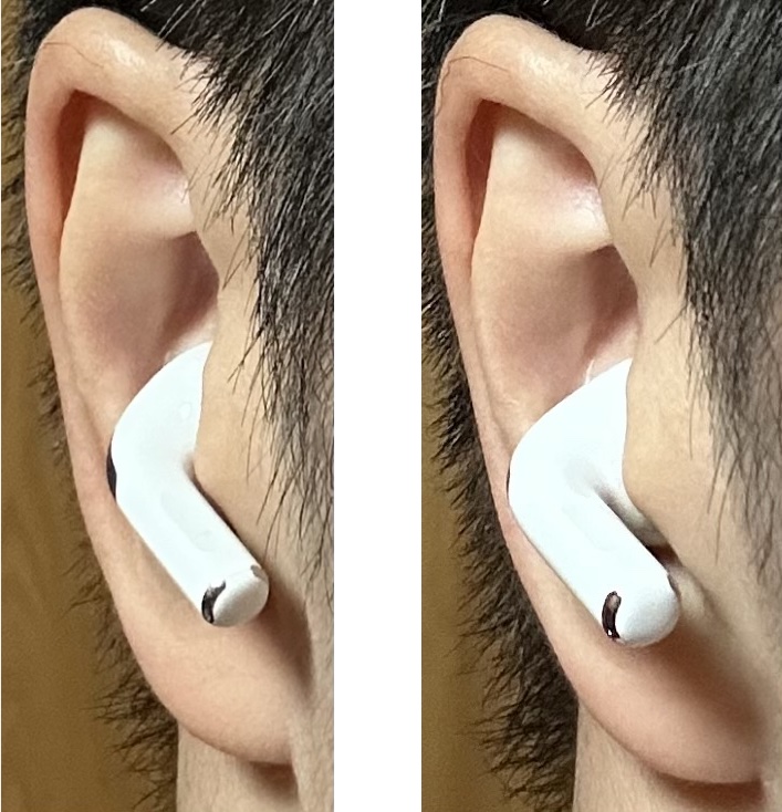 AirPods Pro 2とAirPods Pro 3の装着比較（左：Pro 2／右：Pro 3）