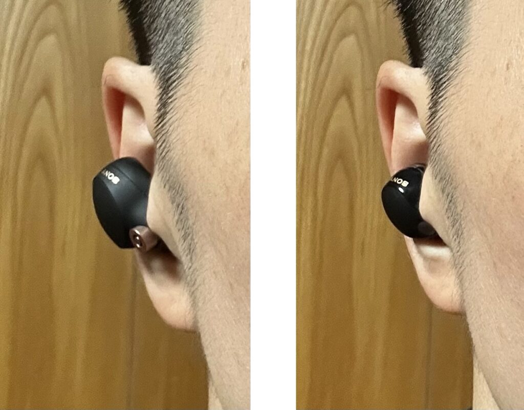 WF-1000XM4（左）と WF-1000XM5（右）を耳に装着した横からの比較写真。「M5」は軽量化により耳への突出が少なく、装着感が向上している。