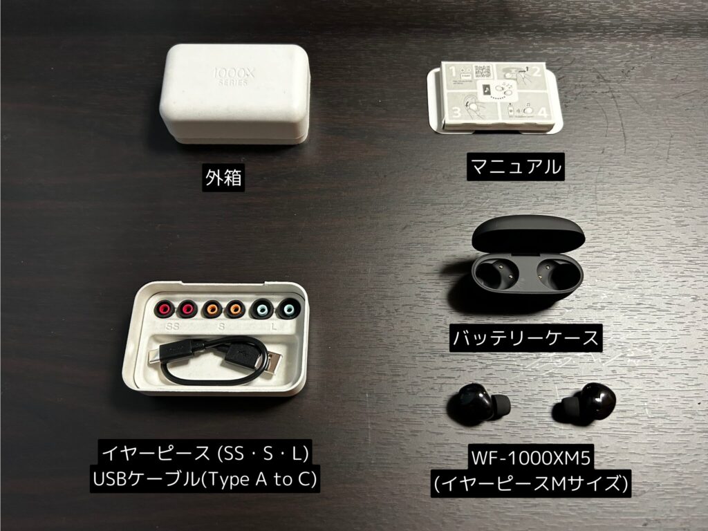 WF-1000XM5 の同梱物一覧（イヤホン／イヤーピース／USBケーブル／マニュアル／外箱）