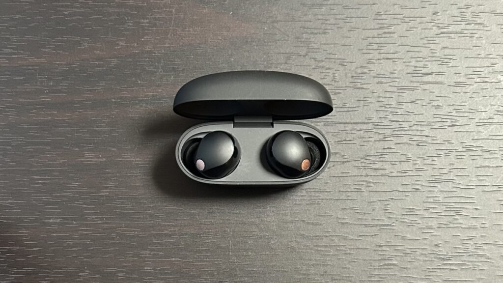 「AZLA SednaEarfit Foamax Standard」を装着した「SONY WF-1000XM5」をケースに収納した状態（蓋オープン）