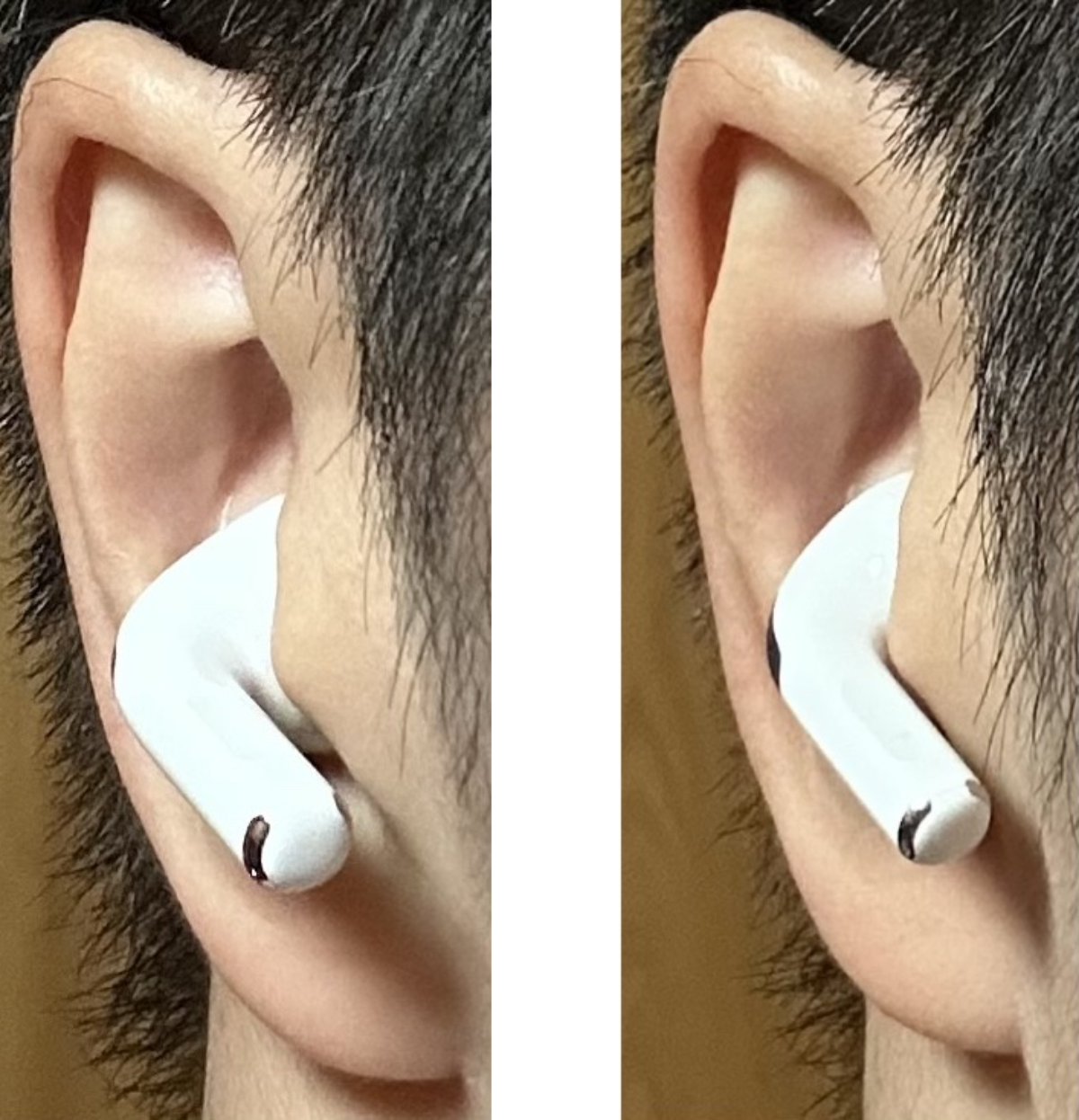 AirPods Pro 3(左)とAirPods Pro 2(右)の装着比較。耳に触れる接地面の違い