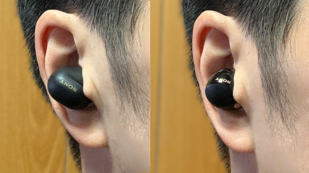 WF-1000XM6（左）とWF-1000XM5（右）の装着比較（斜め視点）