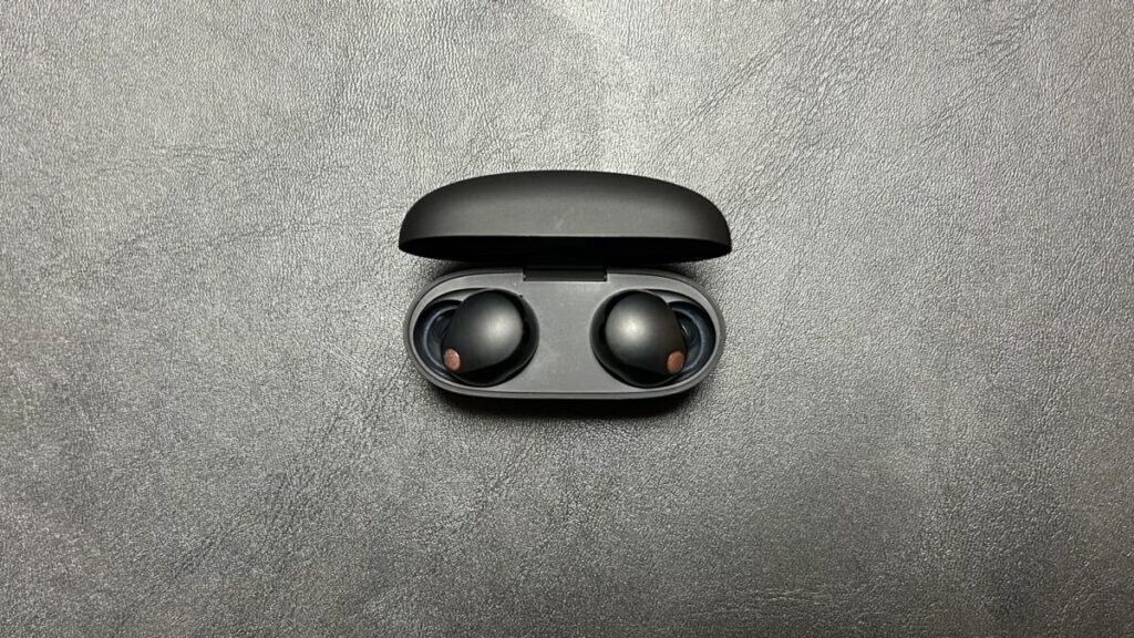 WF-1000XM5にSednaEarfit Crystal 2 Lサイズを装着してケースに収納した状態(蓋オープン)