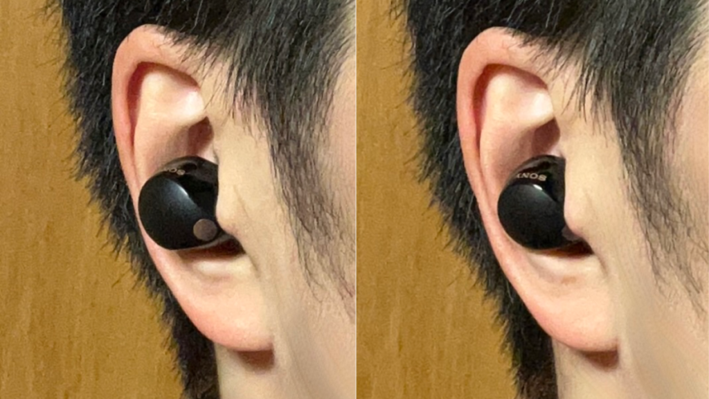 WF-1000XM5にSednaEarfit Crystal 2と純正イヤーピースを装着した外観比較(どちらもSサイズ)