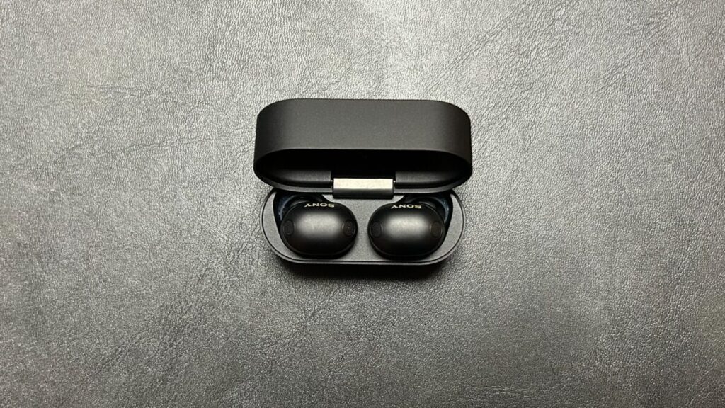 WF-1000XM6にCrystal 2 Lサイズを装着してケースに収納した状態(蓋オープン)