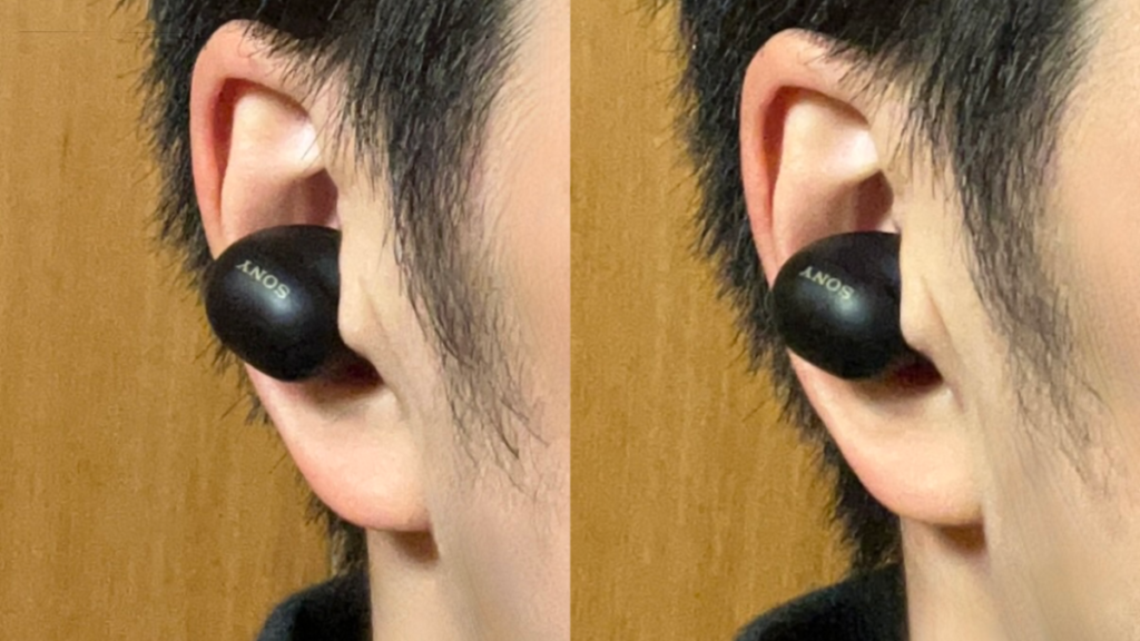 WF-1000XM6にSednaEarfit Crystal 2と純正イヤーピースを装着した外観比較(どちらもSサイズ)