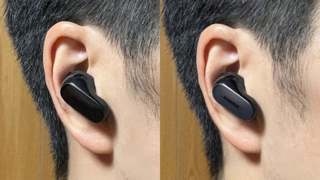 BOSE QuietComfort Ultra Earbuds 第2世代（左）と第1世代（右）の装着時の様子比較